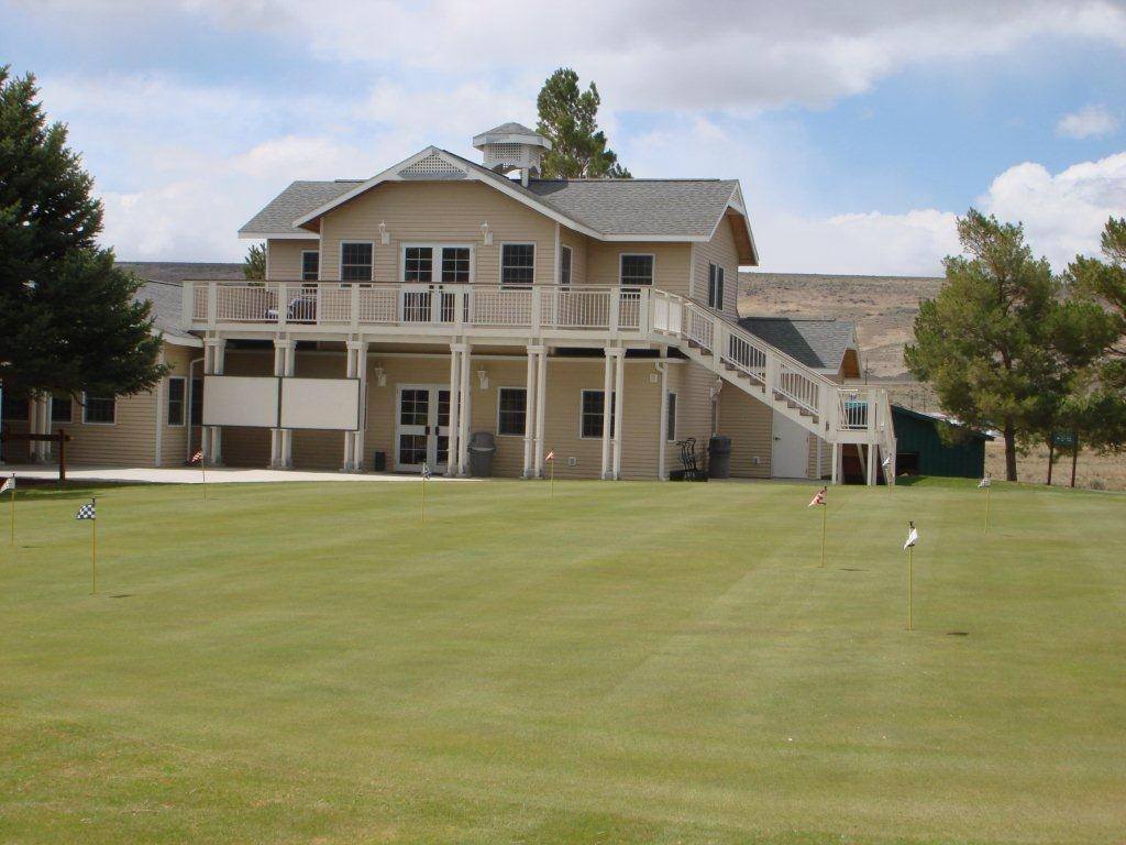 View of clubhouse from golf course greens